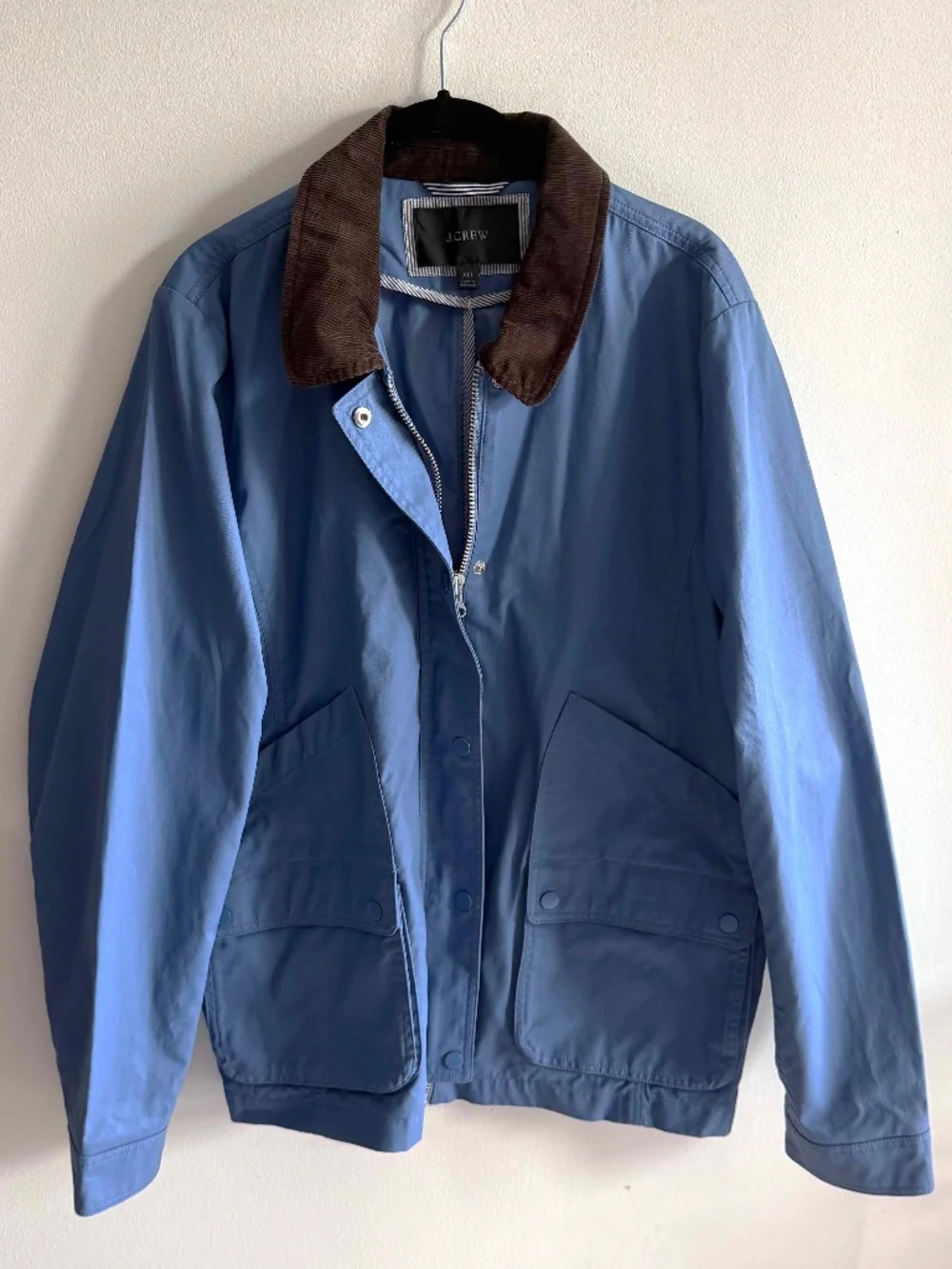 J Crew Barn Jacket Waxed Cotton Chore Coat Corduroy Collar Blue Women’s XL Tall